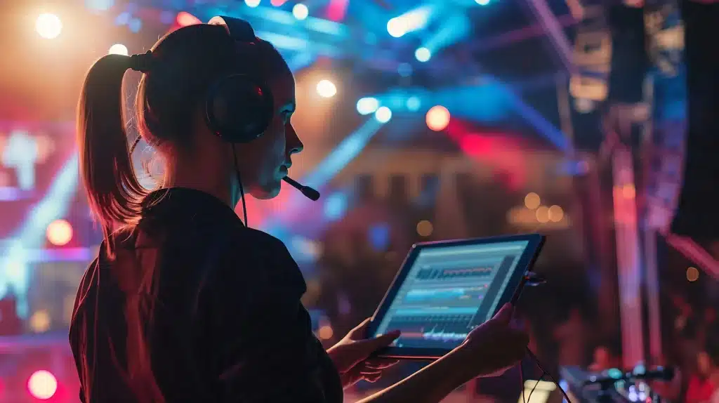 Festfotograferne har her fotograferet og filmet til et stort event. På billedet ses en lydmand med headset på, som står og justerer lyd og lyssporet på en ipad