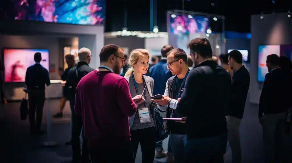 Festfotograferne har her fotograferet og filmet til en konference. På billedet ses 4 deltagere, der stpr og taler sammen